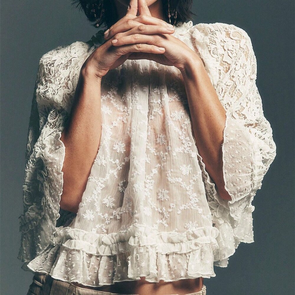 White Casual Women's Lace 3/4 Sleeve Crew Neck Sheer Embroidery Loose Top